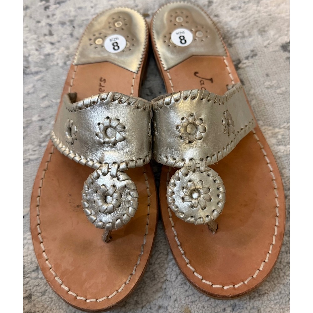 Jack Rogers Georgica Metallic Platinum Gold Leather Whipstitch Thong Sandals 8